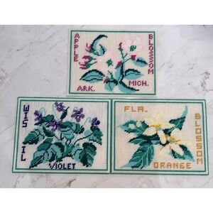 3 Handmade Birds State Flowers‎ Placemats Plastic Canvas Needlepoint Vintage